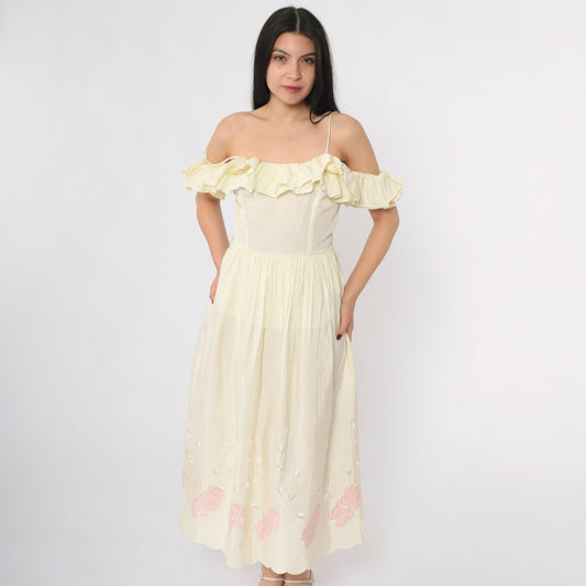Vintage Off Shoulder Ruffle Party Dress S
