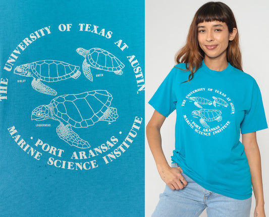 90s University Texas Marine Science Institute Sea Turtle Teal Turquoise Cotton T Shirt Vintage College Austin Wildlife Ocean Biology Medium