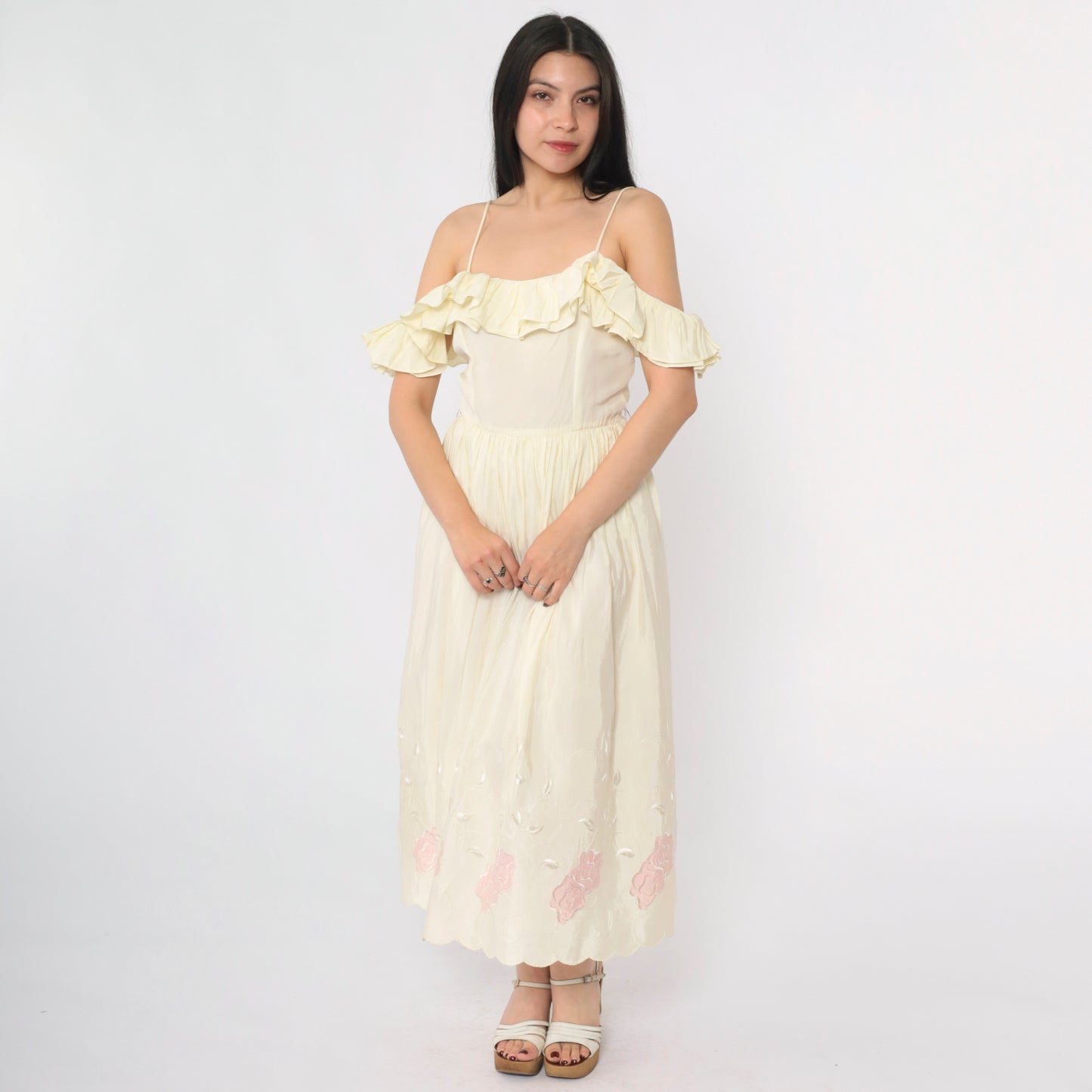 Vintage Off Shoulder Ruffle Party Dress S