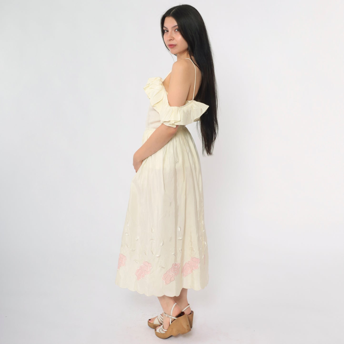 Vintage Off Shoulder Ruffle Party Dress S