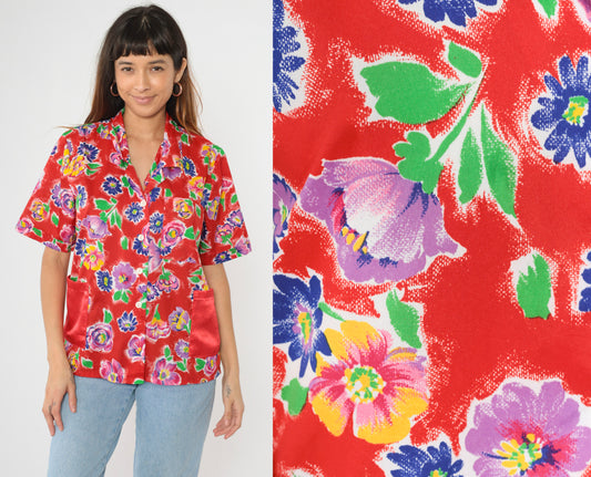 90s Red Floral Button Up Blouse M