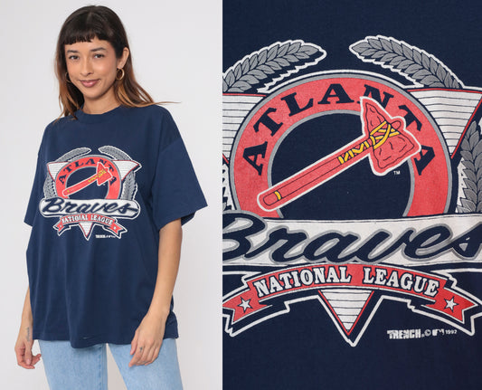 90s Navy Atlanta Braves Baseball Graphic Tee XL