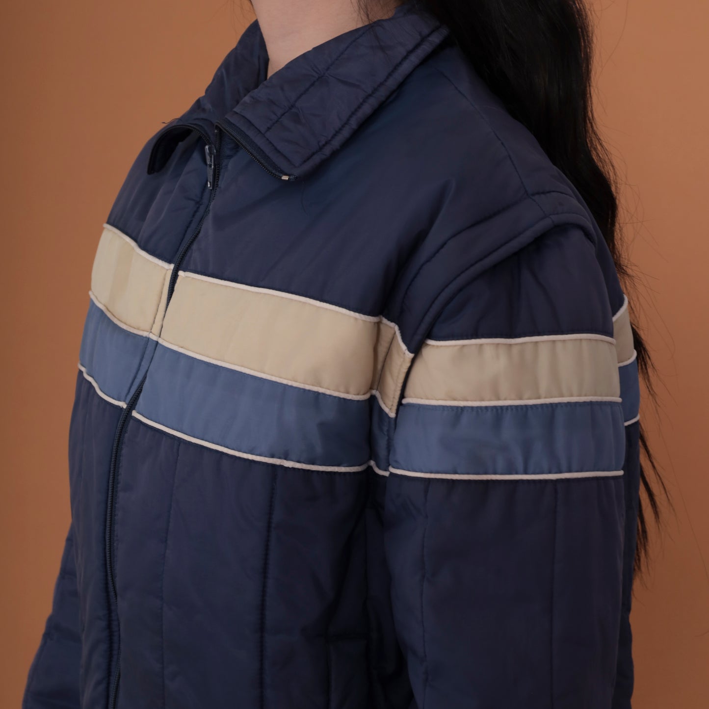 80s Navy Blue Striped Puffer Jacket