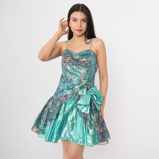 80s Teal Lame Lace Prom Dress S