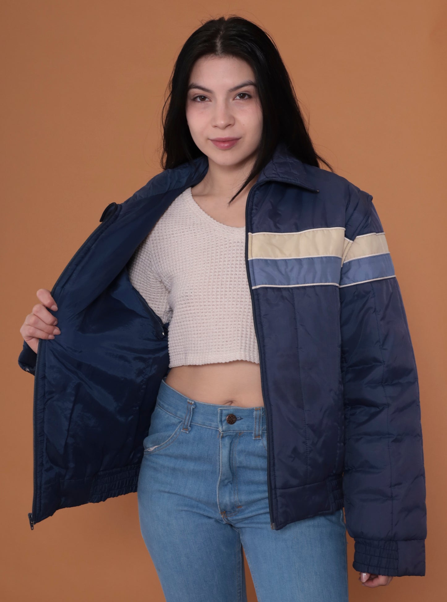 80s Navy Blue Striped Puffer Jacket