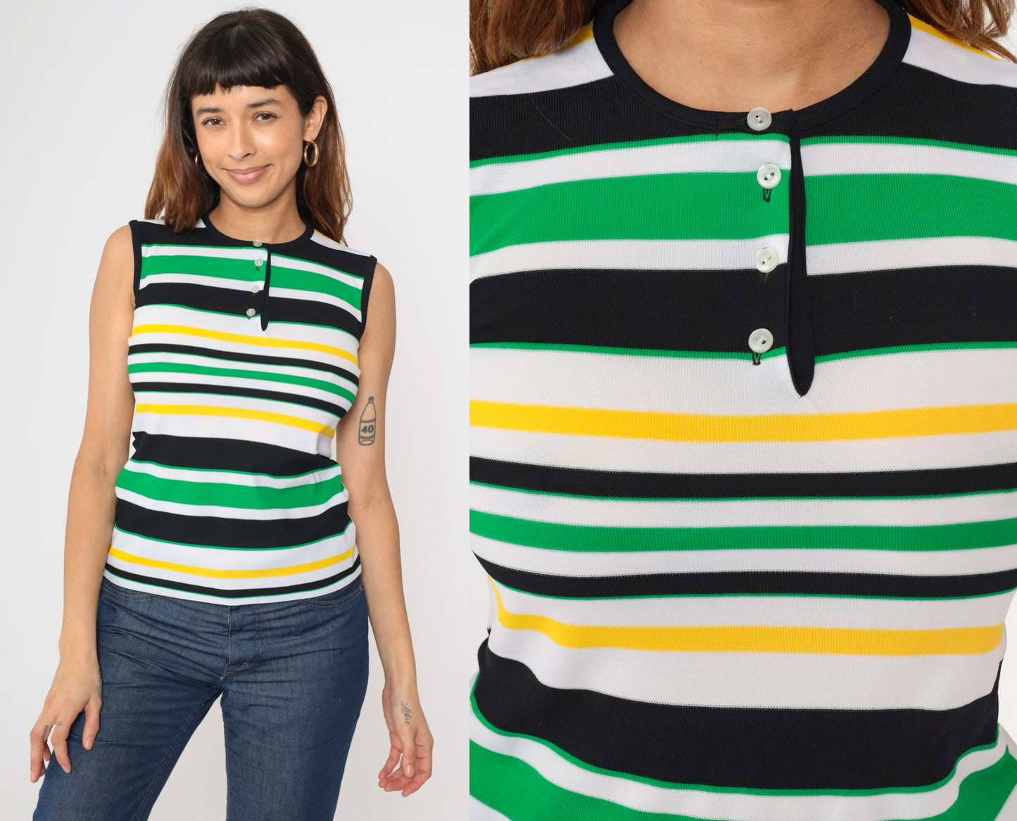 70s Mod Striped Henley Tank Top S