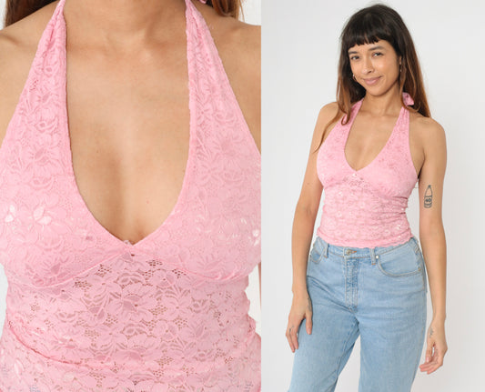 Y2K Pink Lace Halter Top M