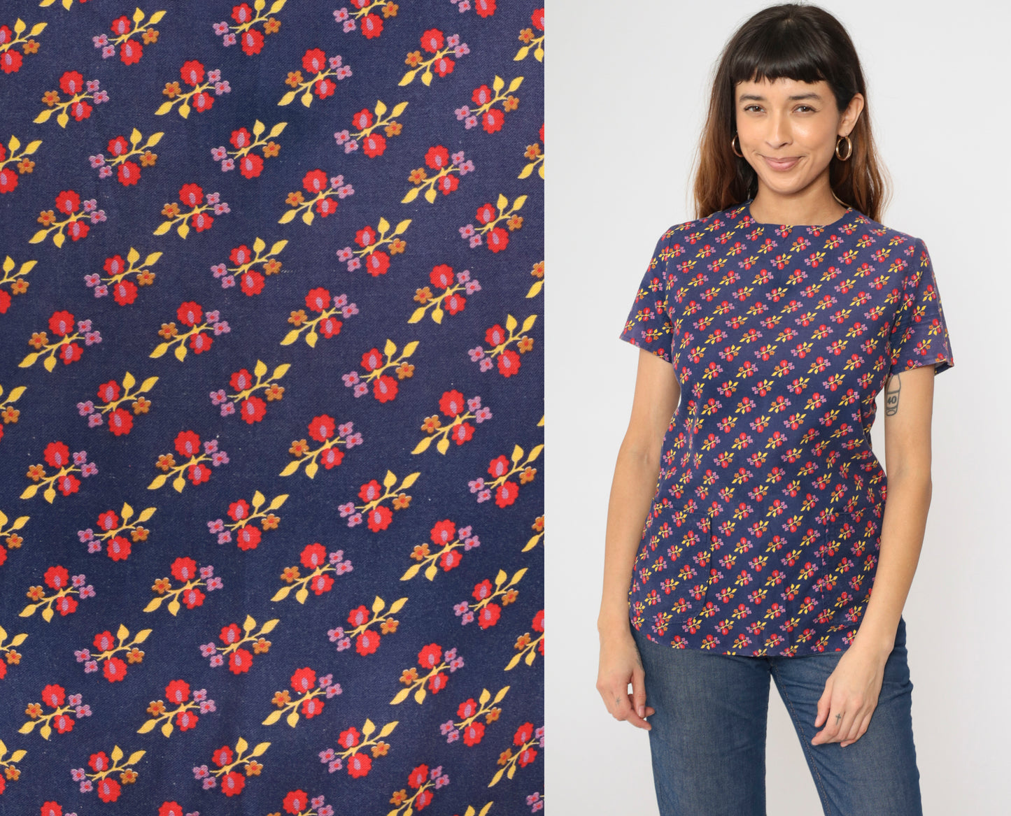 Vintage Dark Blue Mod Floral Top S