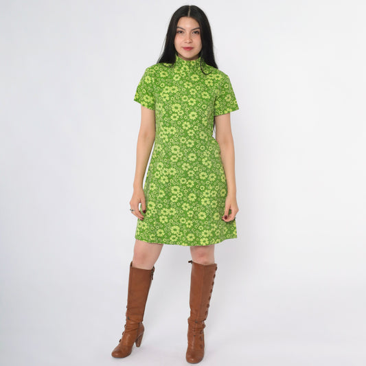 Vintage 60s Green Daisy Print Mod Mini Dress S