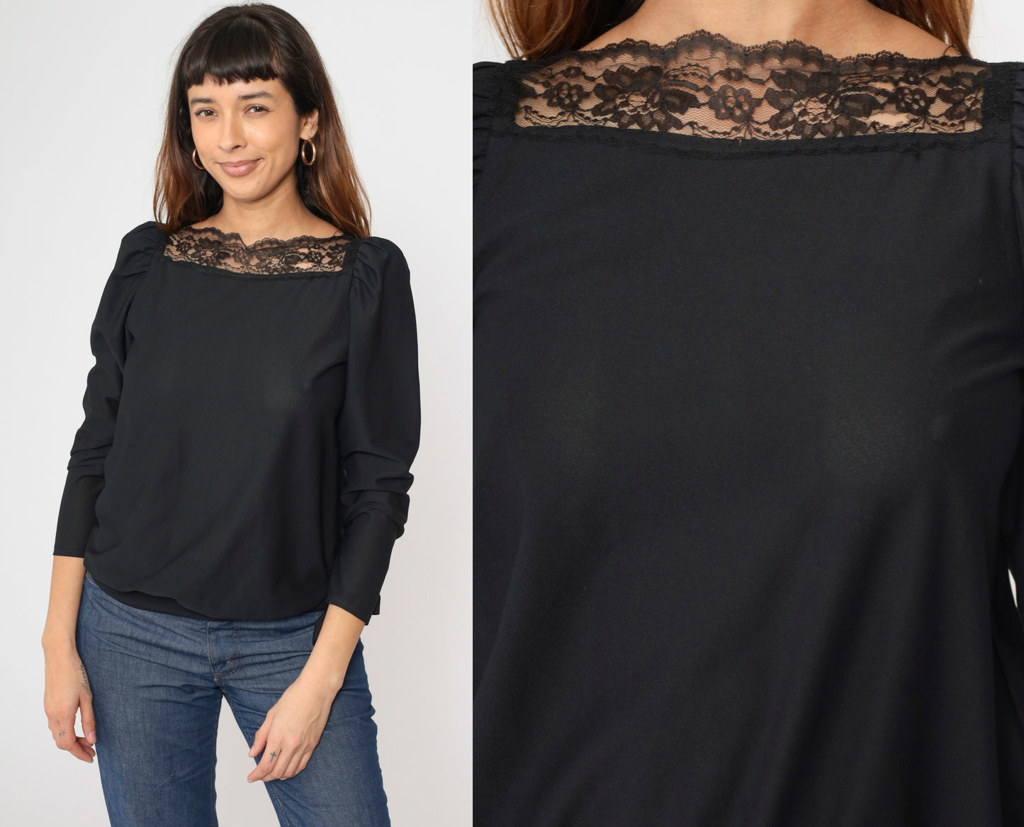 Vintage Black Lace Trim Puff Sleeve Blouse XS