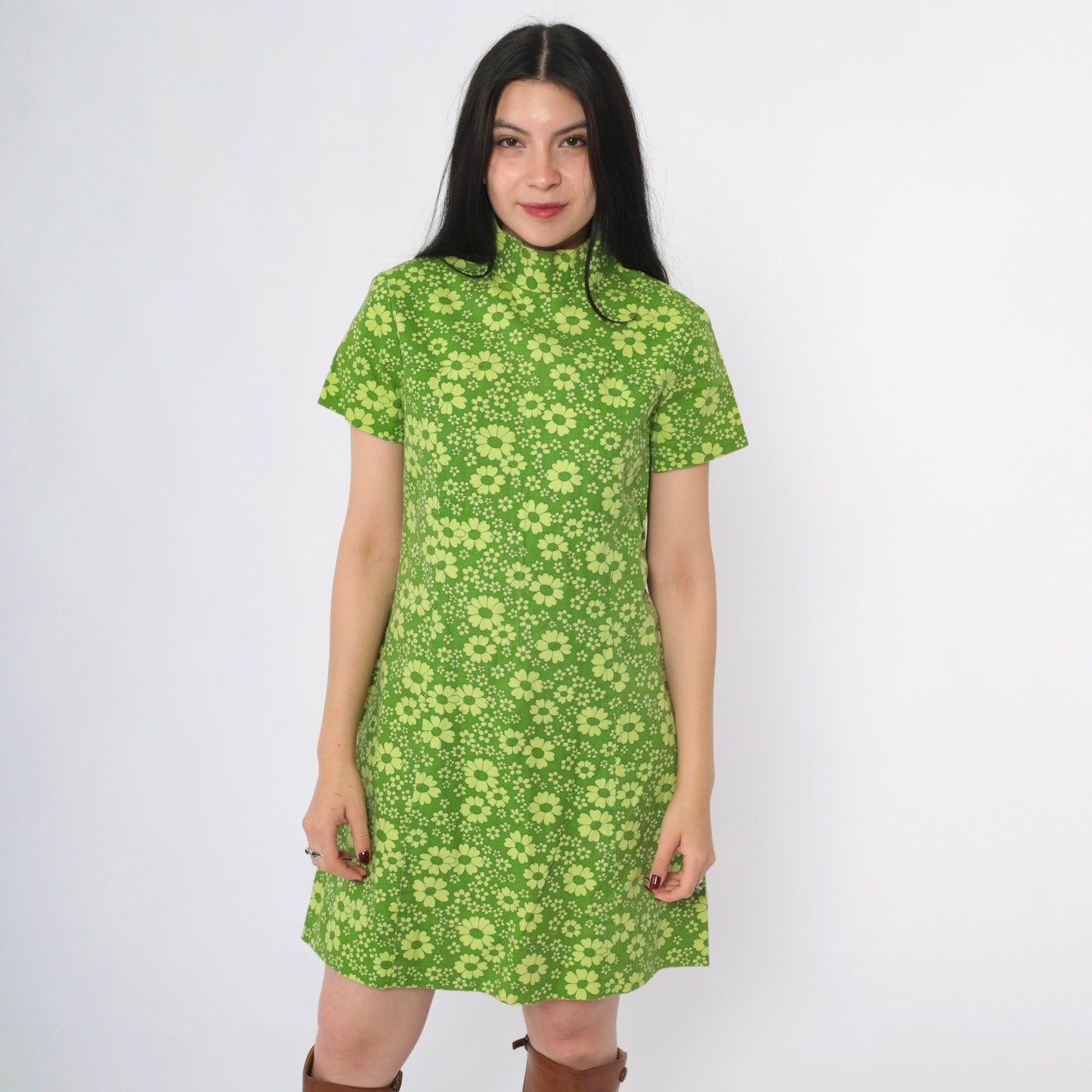 Vintage 60s Green Daisy Print Mod Mini Dress S