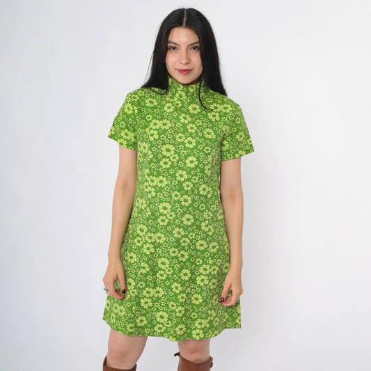 Vintage 60s Green Daisy Print Mod Mini Dress S