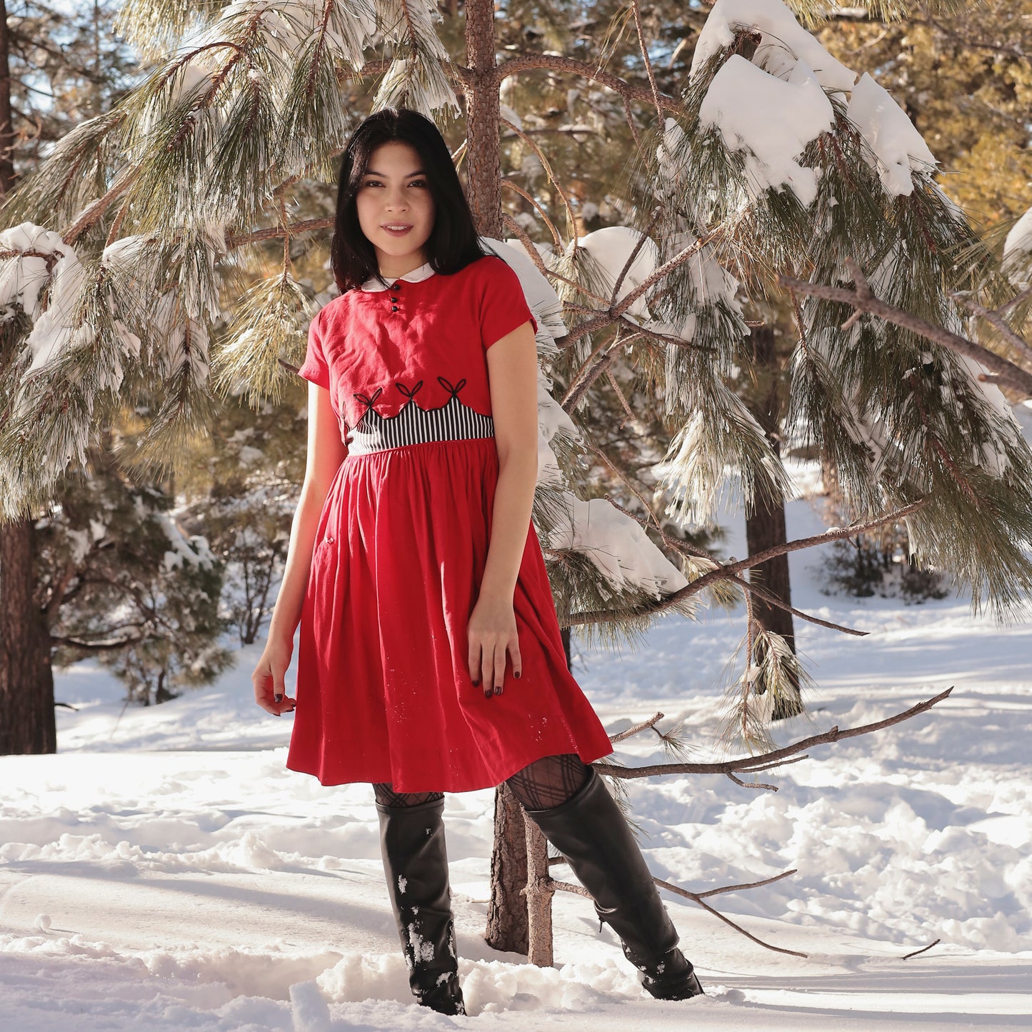 60s White Collar and Striped Red Mod Dress