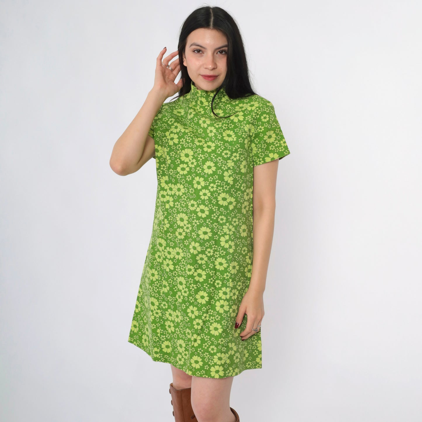 Vintage 60s Green Daisy Print Mod Mini Dress S