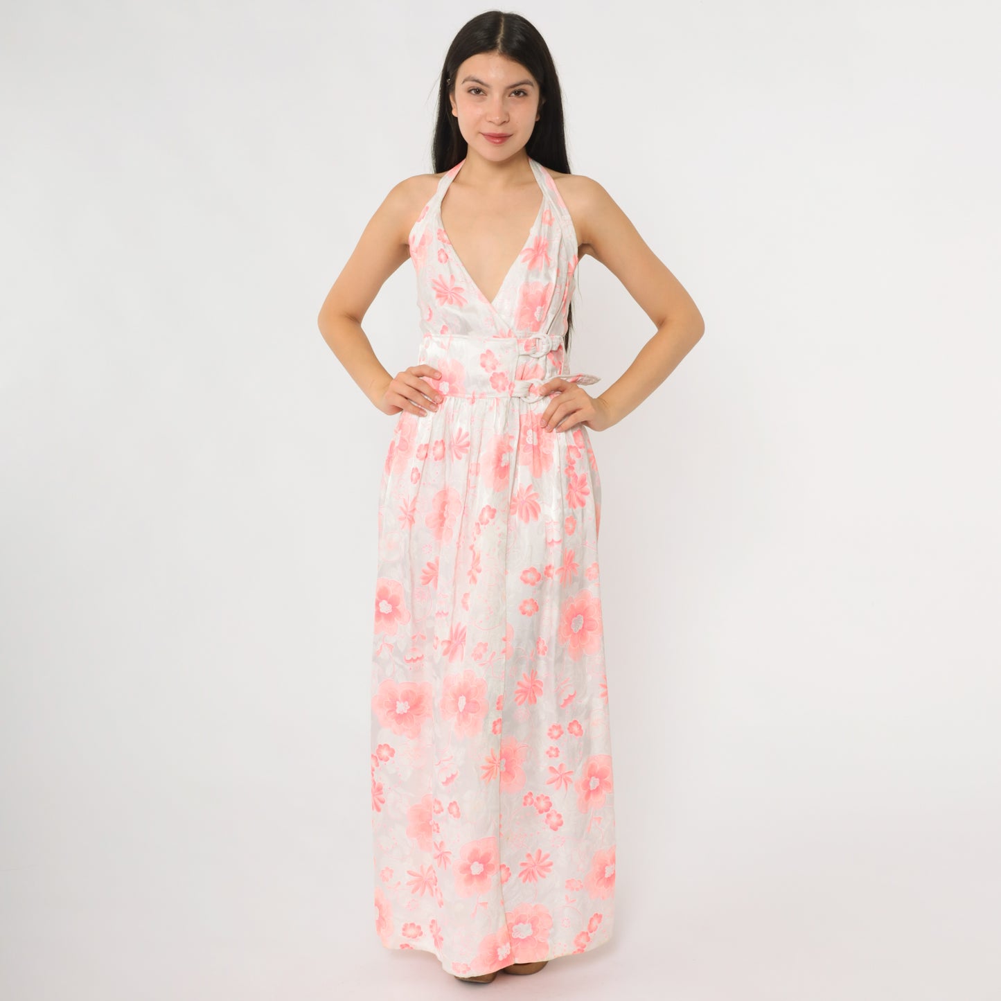 70s Courrèges Paris Wrap Dress Halter Neck Floral Print Vintage Couture French Designer Gown Double Belted Waist Pink White Extra Small XS 0