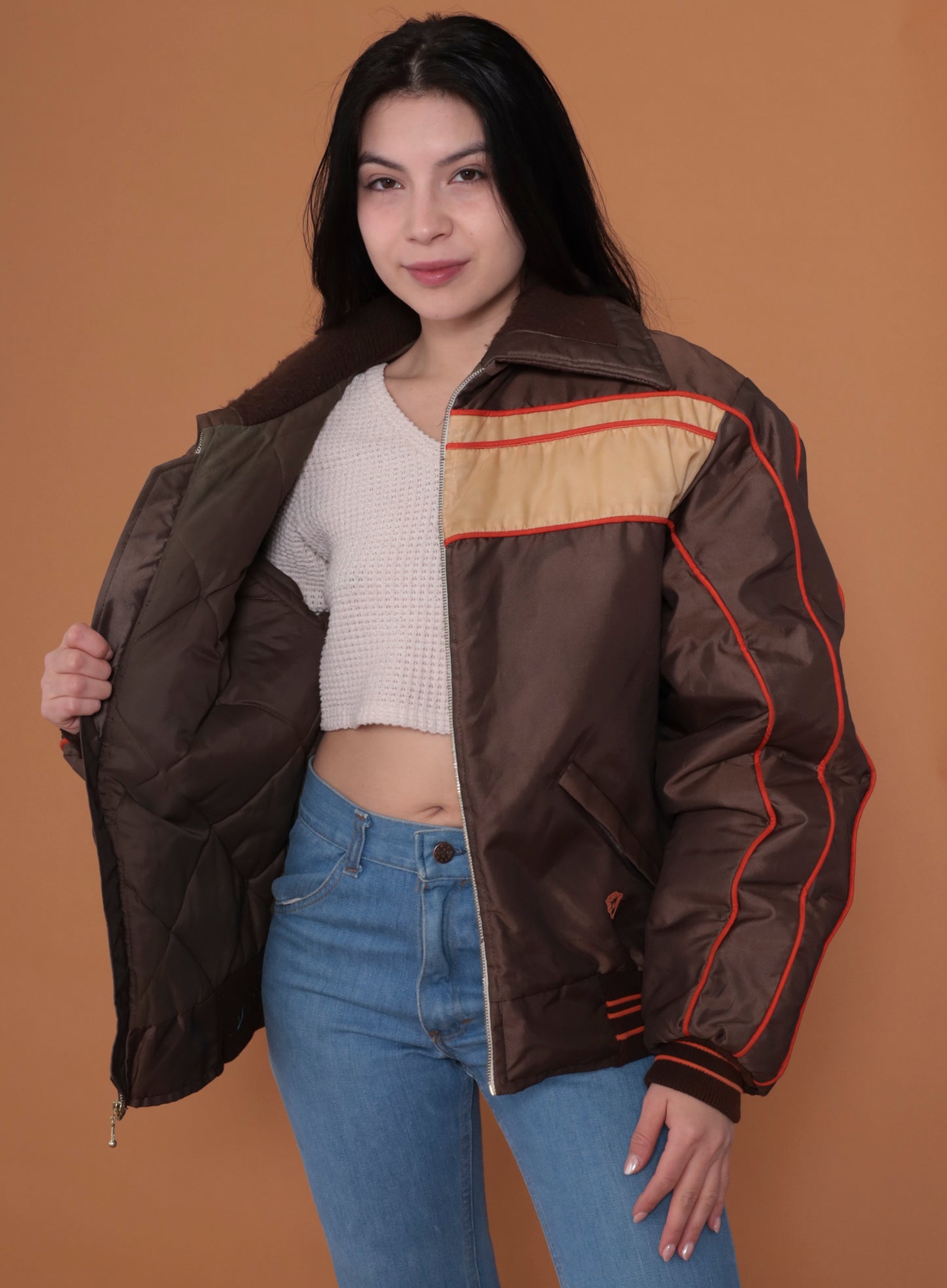 70s Brown and Cream with Red Trim Puffer Jacket