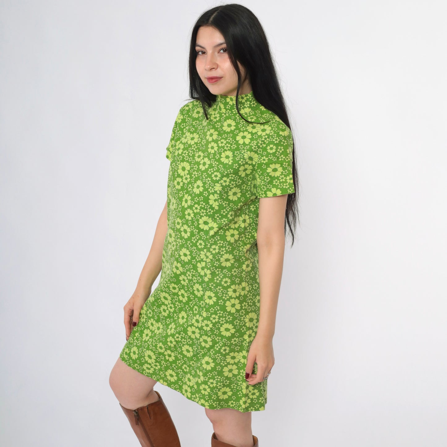 Vintage 60s Green Daisy Print Mod Mini Dress S