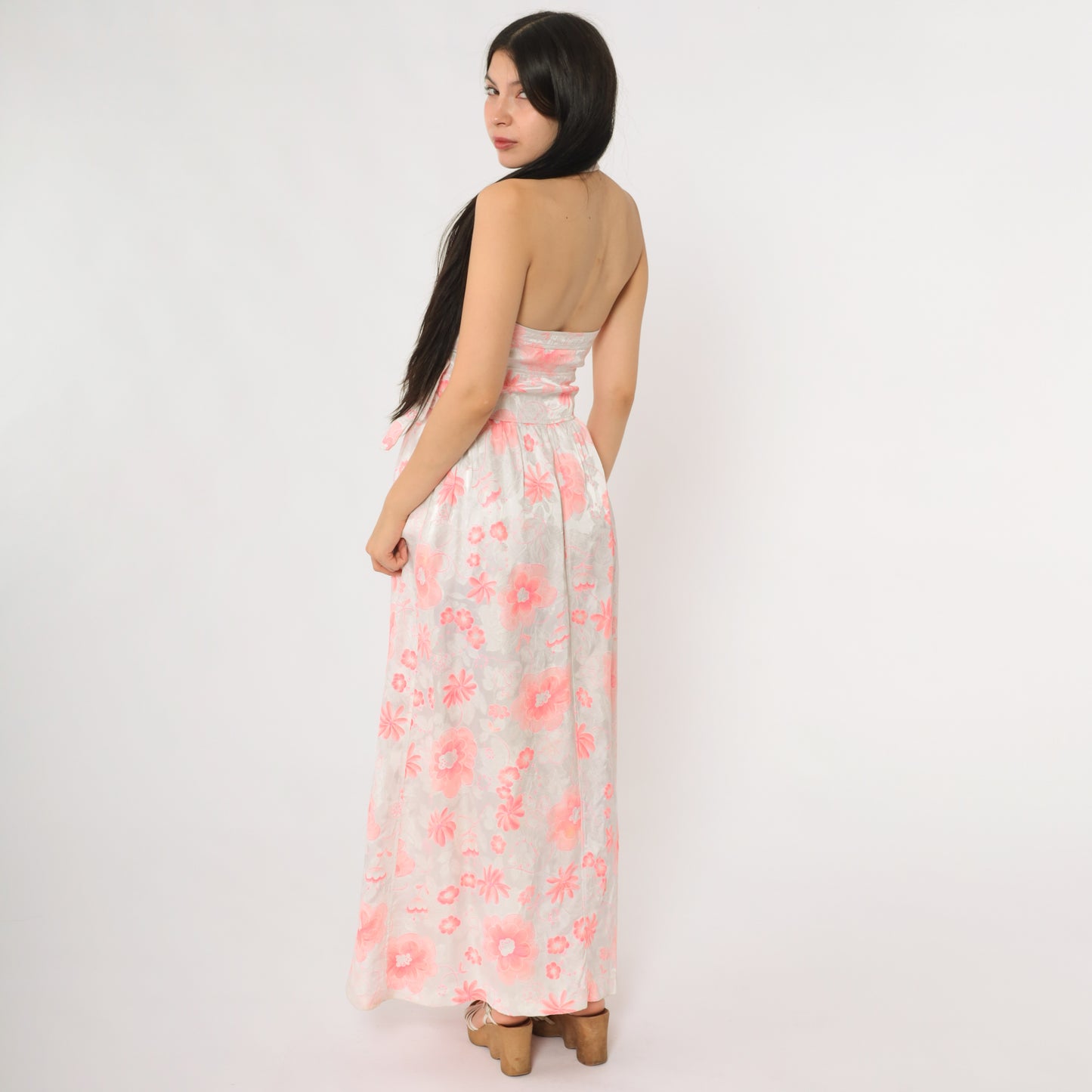 70s Courrèges Paris Wrap Dress Halter Neck Floral Print Vintage Couture French Designer Gown Double Belted Waist Pink White Extra Small XS 0