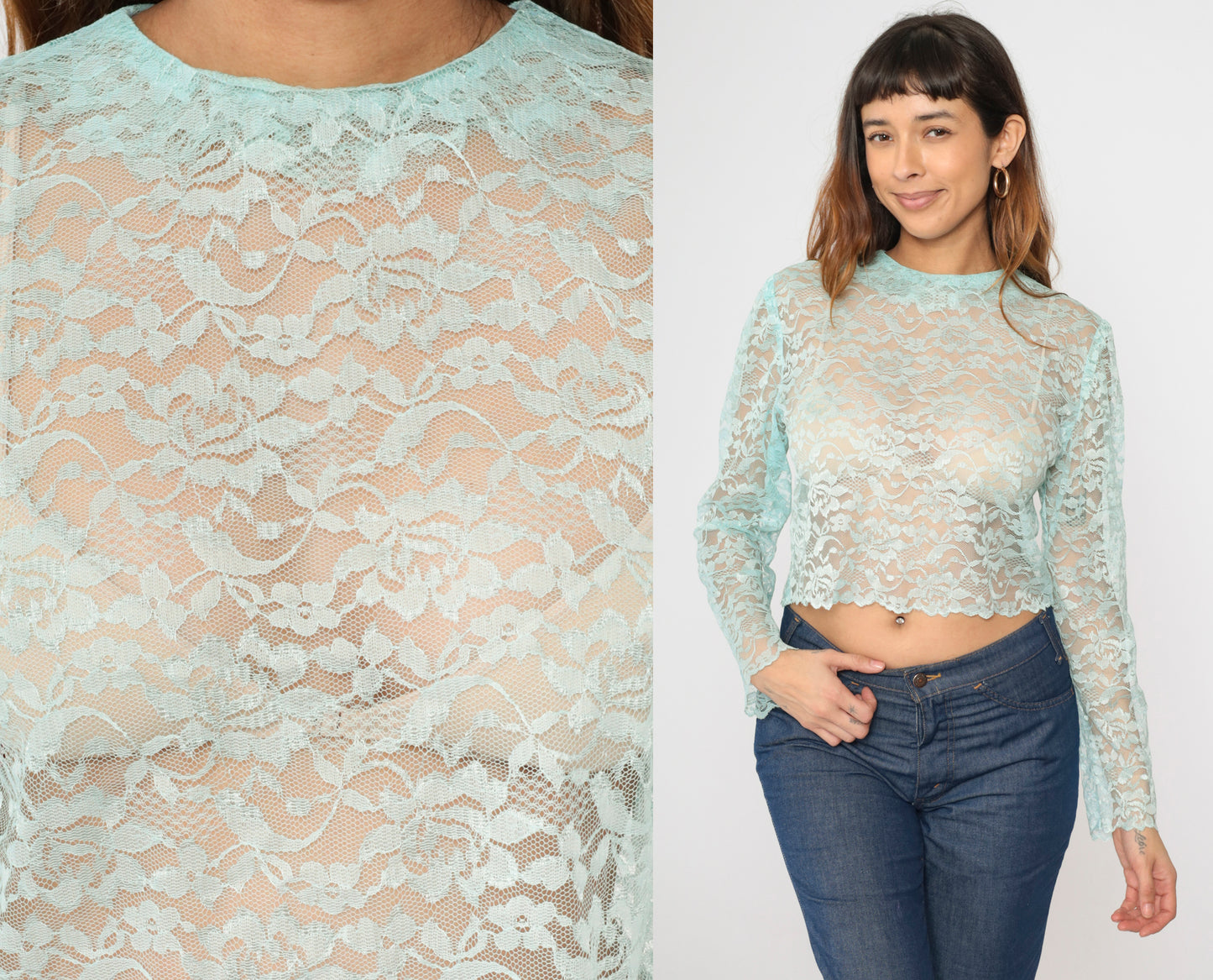 Vintage 80s Aqua Sheer Lace Blouse S