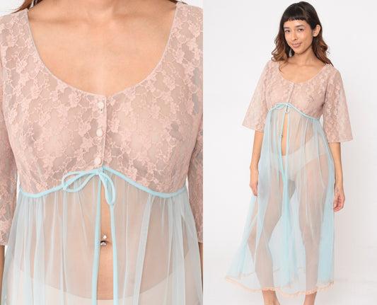 70s Sheer Nightgown Beige Lace Blue Chiffon Maxi Peignoir Empire Waist Tie Fairy Coquette Lingerie Robe Babydoll Vintage Romantic Small S