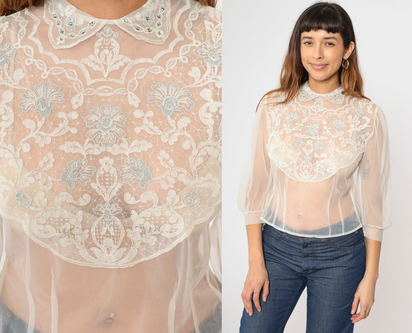 60s Sheer Chiffon Lace Blouse 32/S