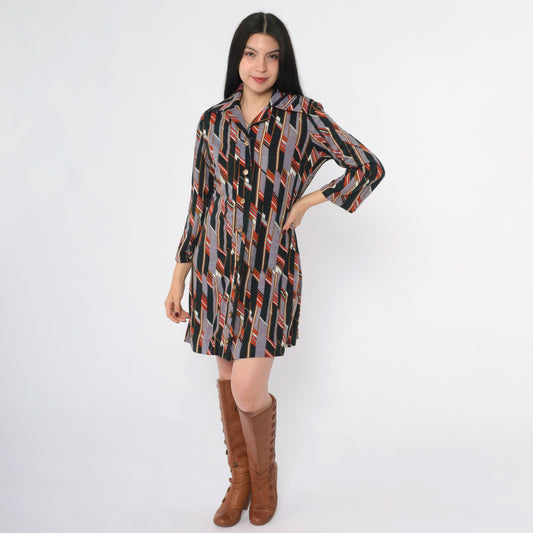Vintage 70s Mod Striped Op Art Shirtdress M L