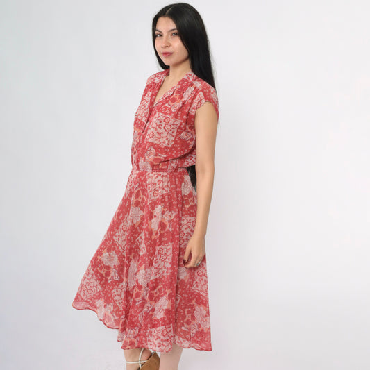Vintage 70s Red Floral Patchwork Midi Dress S