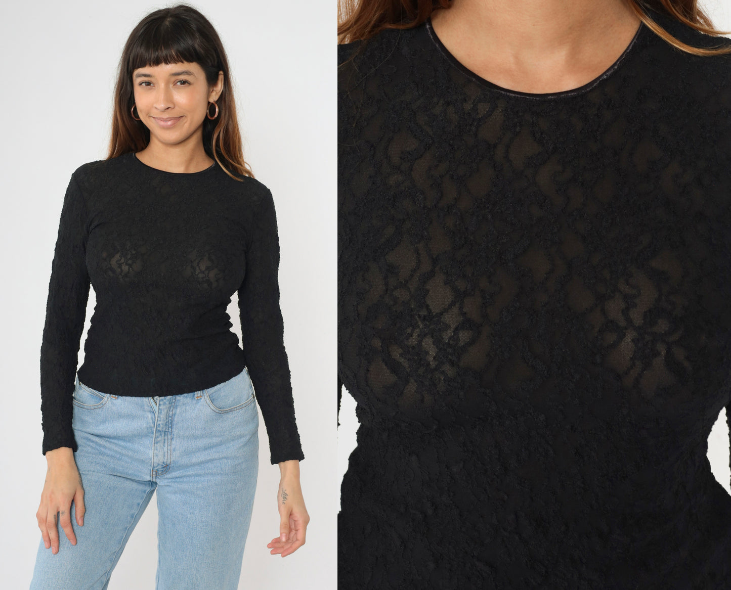 Y2K Sheer Black Lace Shirt S