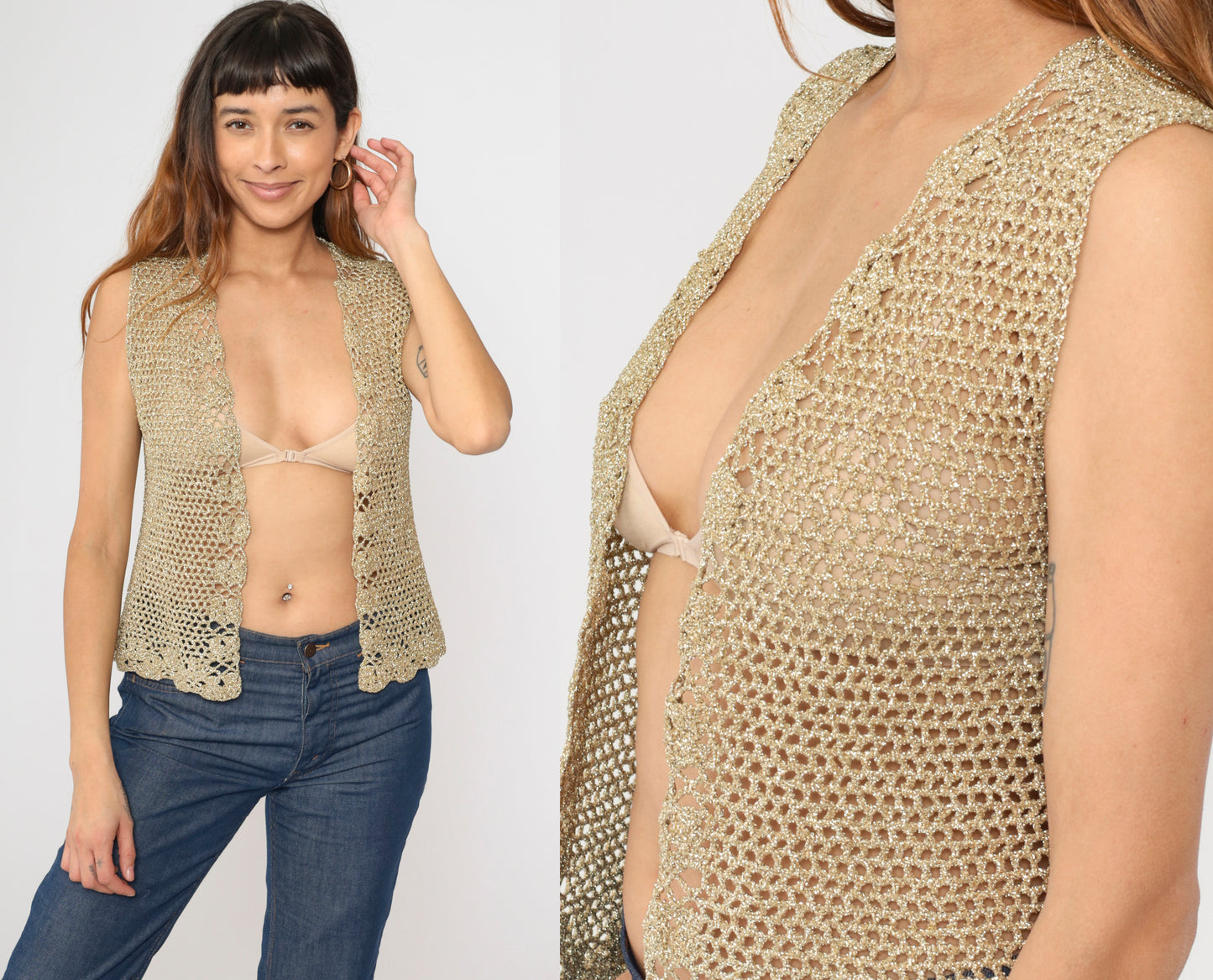 Vintage Gold Crochet Knit Vest S