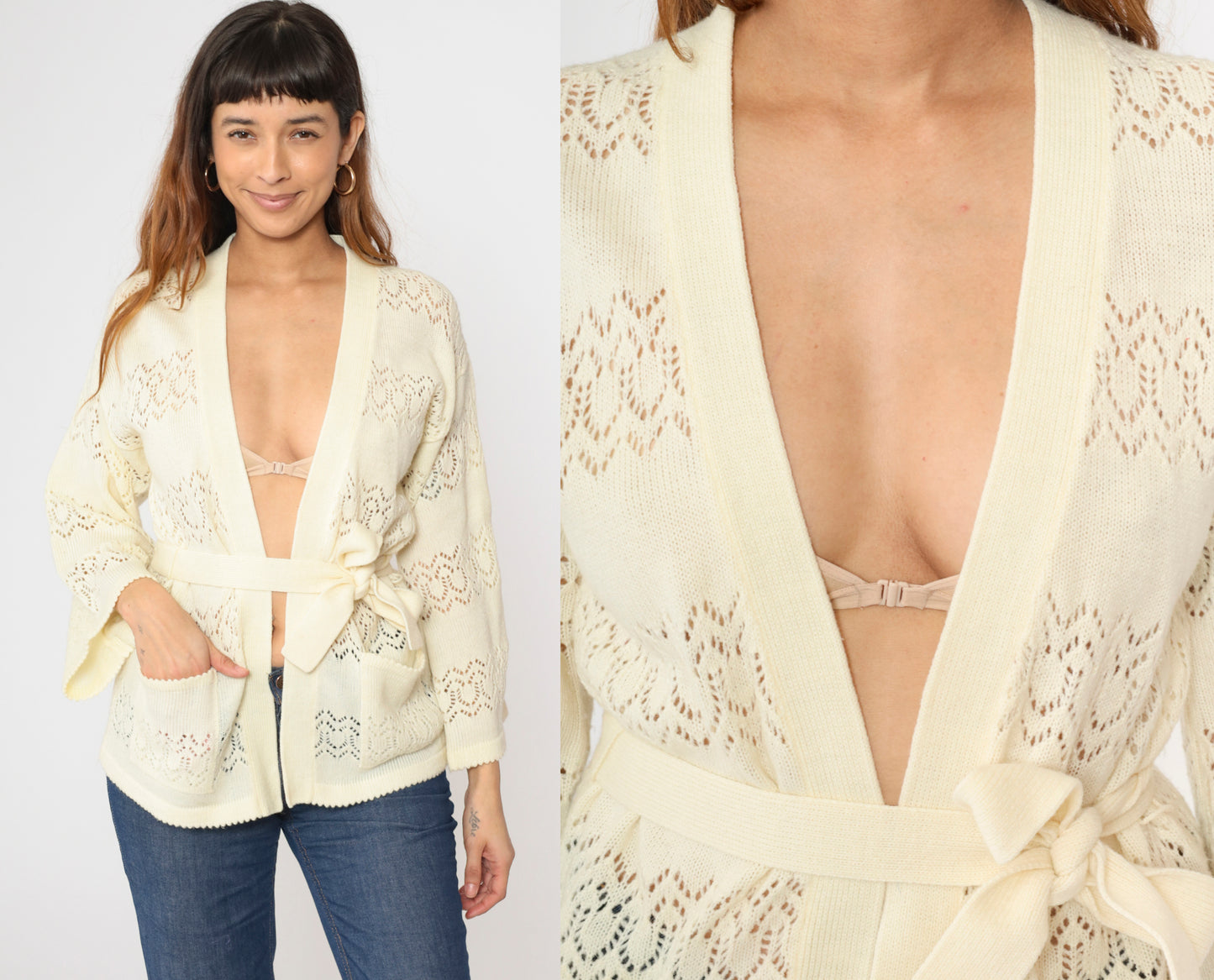 Vintage Sheer Cream Wrap Cardigan M