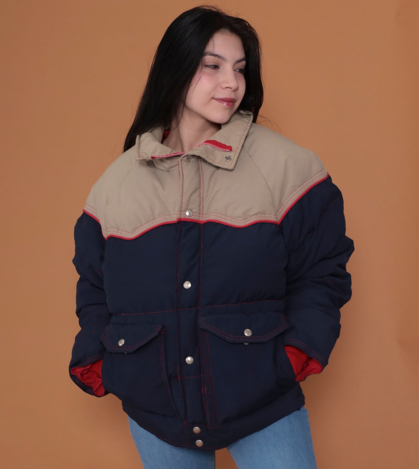 70s Navy Blue and Tan Puffer Ski Jacket