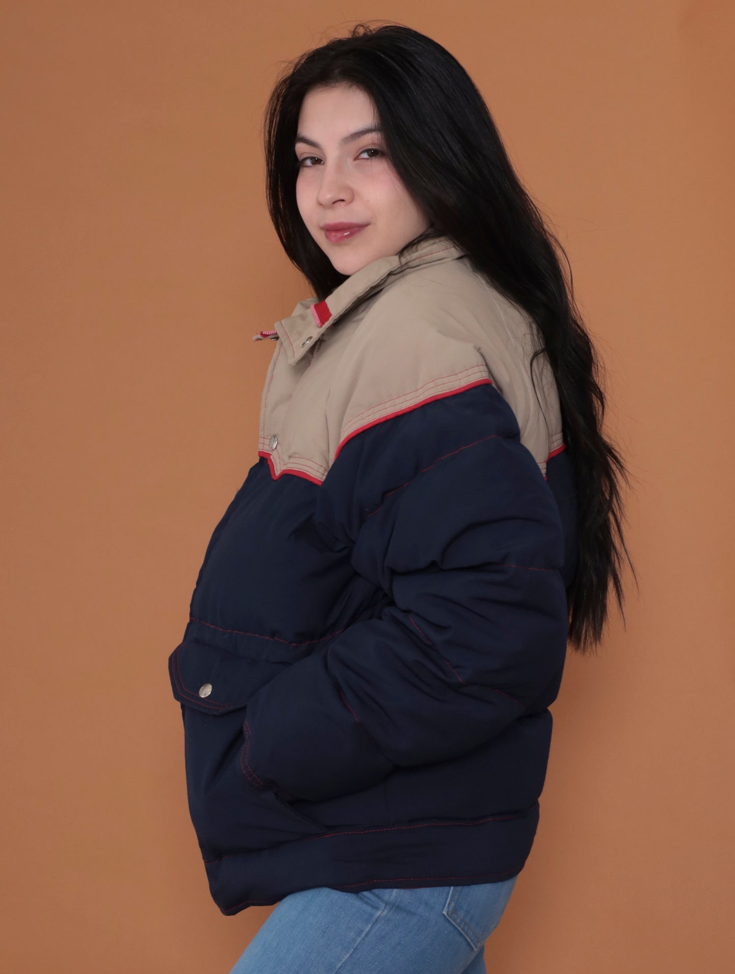 70s Navy Blue and Tan Puffer Ski Jacket