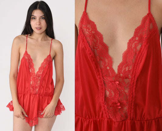 90's Red Nylon and Lace Romper