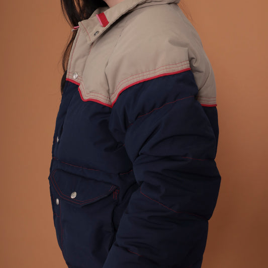 70s Navy Blue and Tan Puffer Ski Jacket