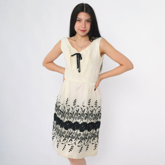 Vintage 60s Ivory Floral Embroidered Cocktail Dress S