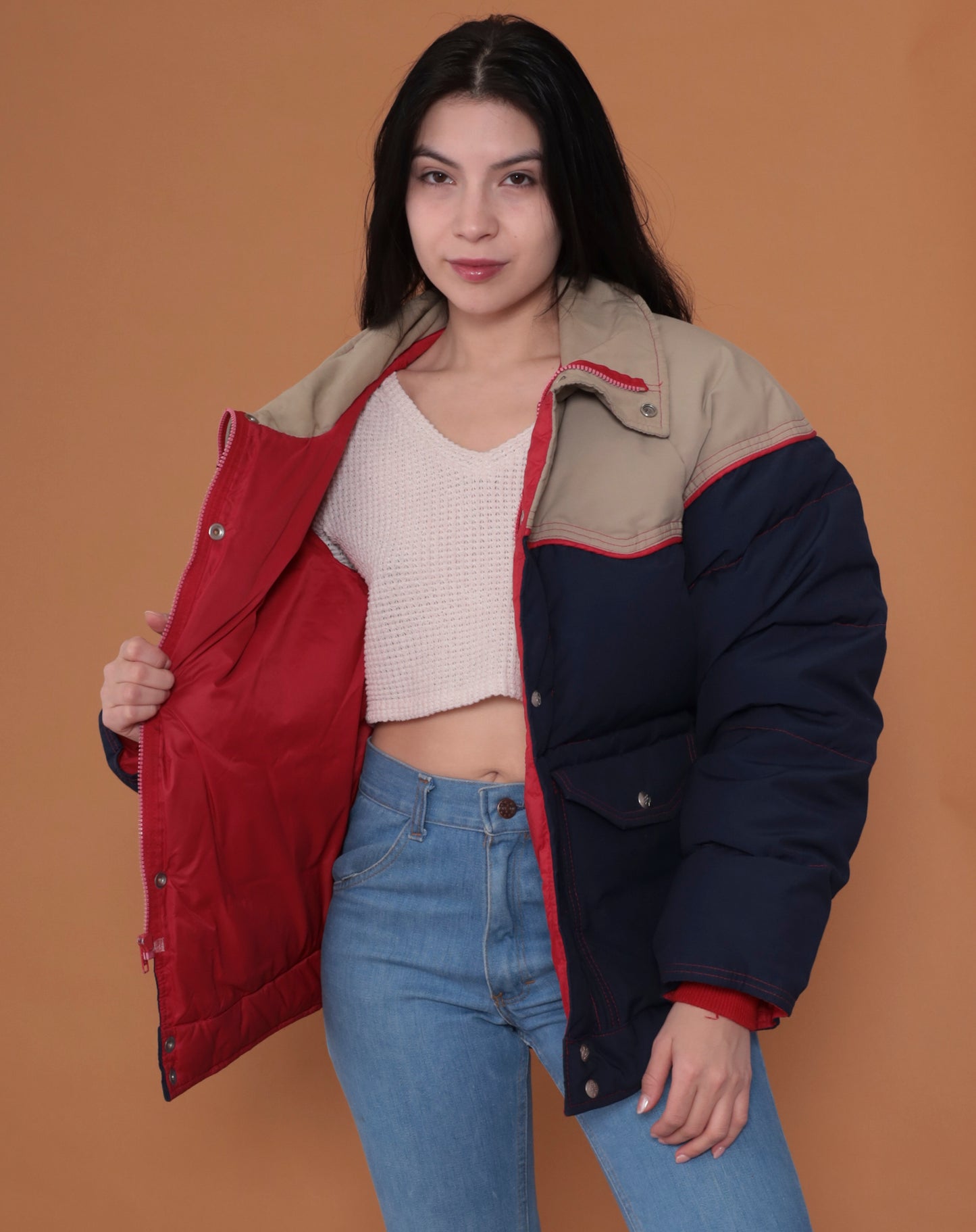 70s Navy Blue and Tan Puffer Ski Jacket