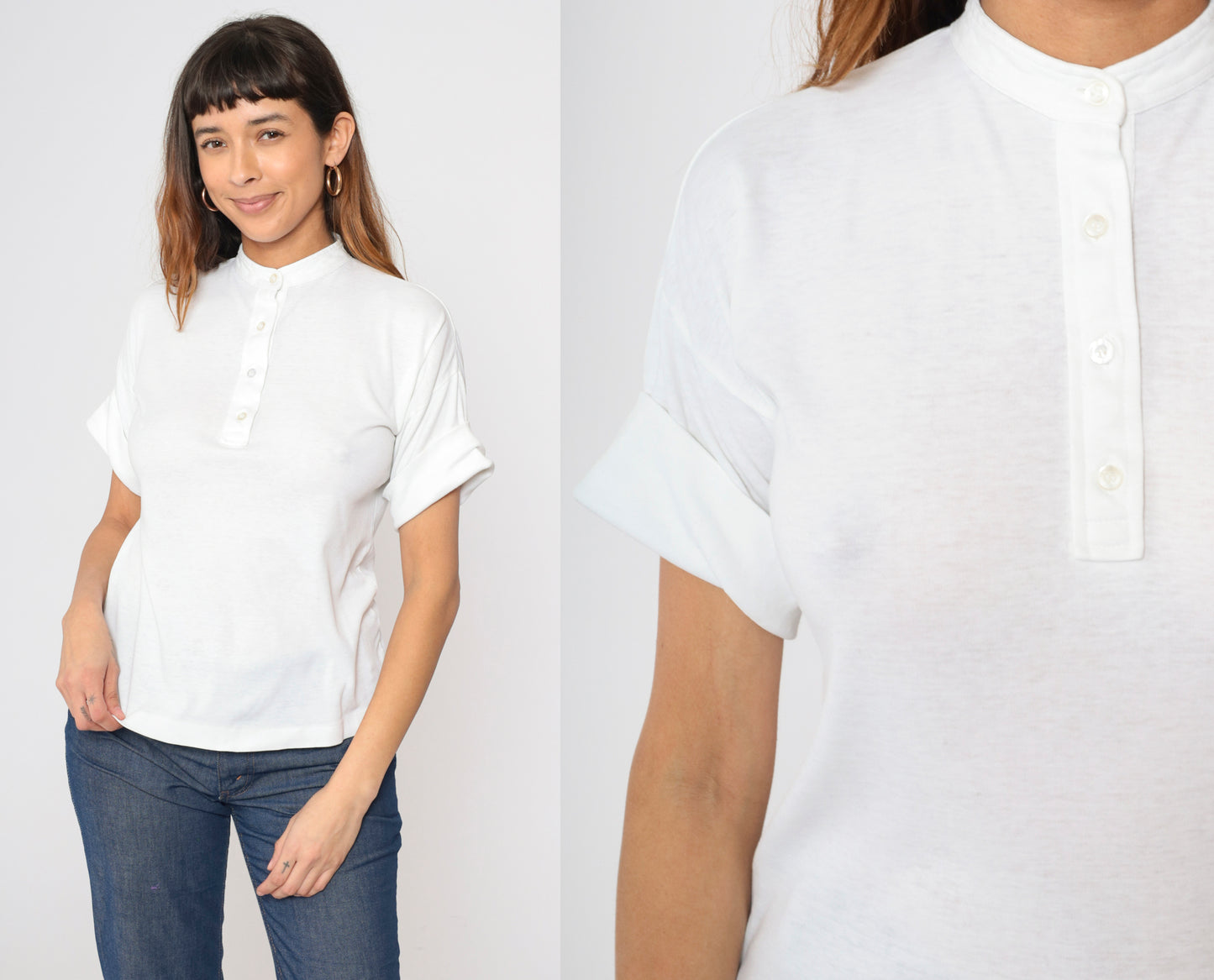 Vintage White Cuffed Henley Shirt S