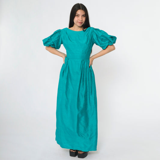 Vintage Teal Silk Puff Sleeve Gown xs