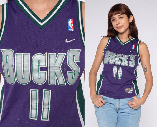 Milwaukee Bucks Jersey Nike Purple Green Basketball NBA Y2K Vintage Number 11 Ford Mesh Athletic Streetwear Top Womens Extra Small XS