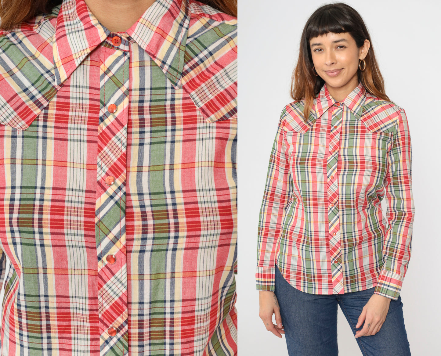 Vintage 70s Plaid Wrangler Western Blouse S