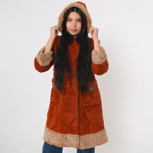 70s Burnt Orange Faux Fur Hooded Jacket XS