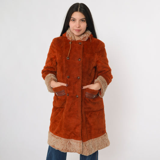 70s Burnt Orange Faux Fur Hooded Jacket XS