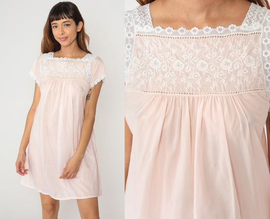 Christian Dior Mini Dress 90s Pink Lace Trim Prairie Cottagecore Short Sleeve Embroidered Feminine Coquette Summer Vintage Nightie Small S
