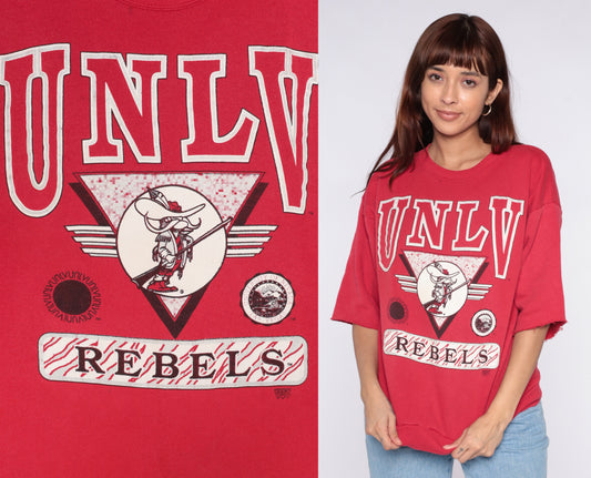 UNLV Rebels T-Shirt 90s Red College University Graphic Top Crew Neck Cut Off Athletic Sports Team Vintage Cropped Las Vegas Large L
