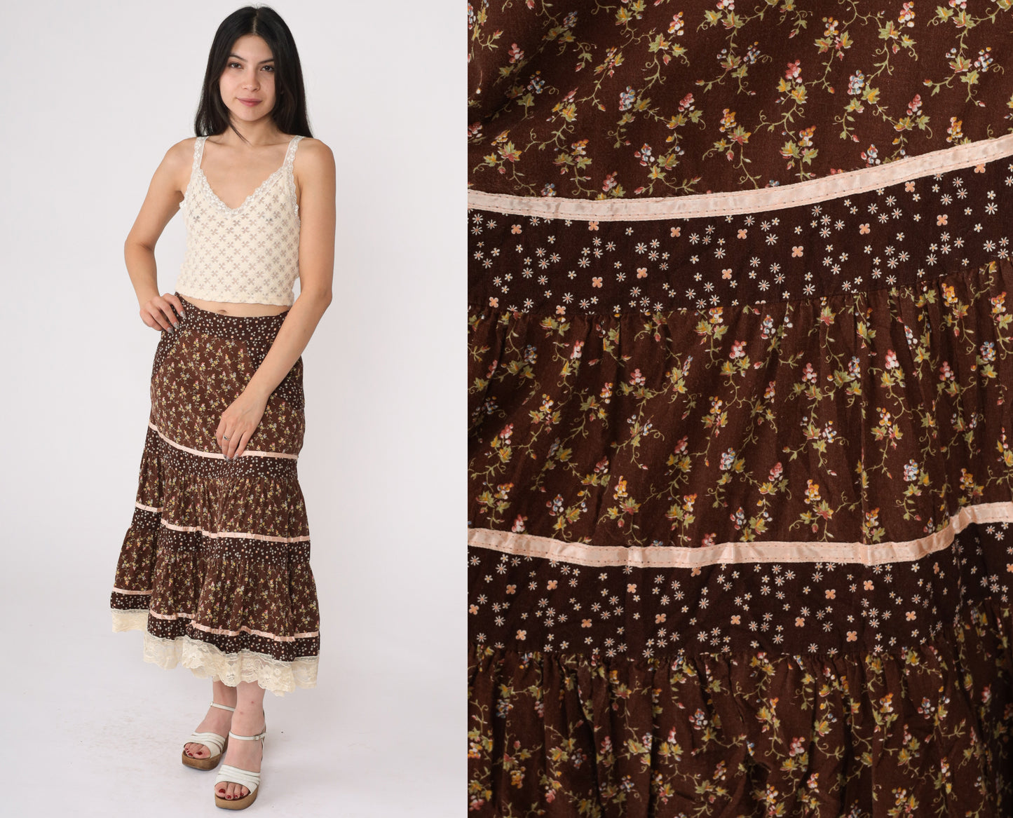 70's Ruffled Brown Floral Prairie Skirt