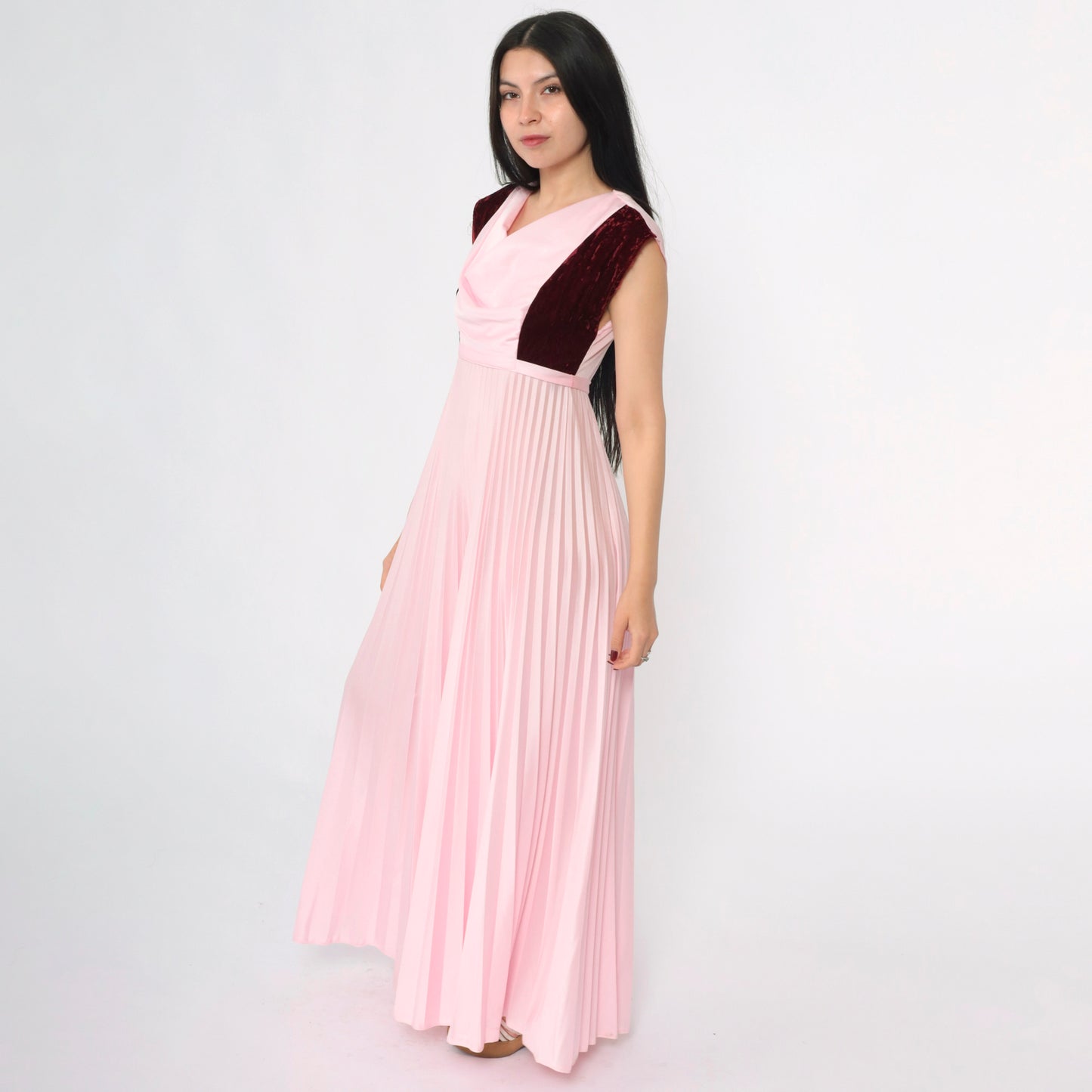 Vintage 70s Pink Velvet Trim Party Dress S