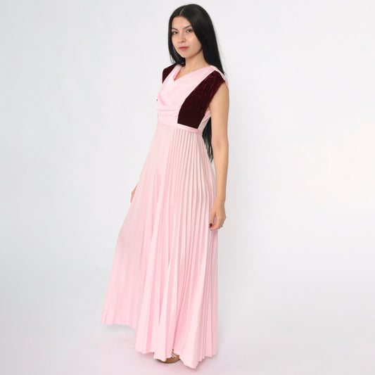 Vintage 70s Pink Velvet Trim Party Dress S