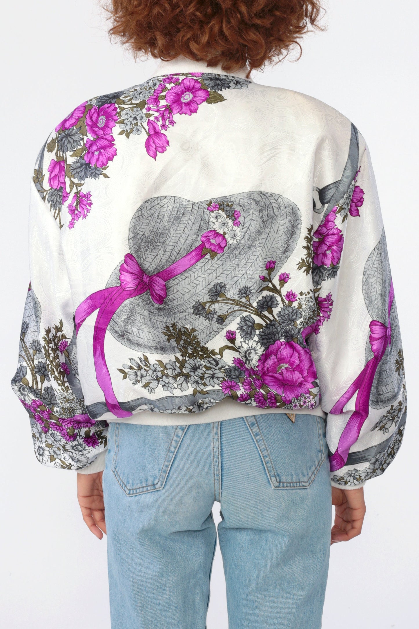 90s Floral Hat Print Windbreaker Jacket White Purple Medium