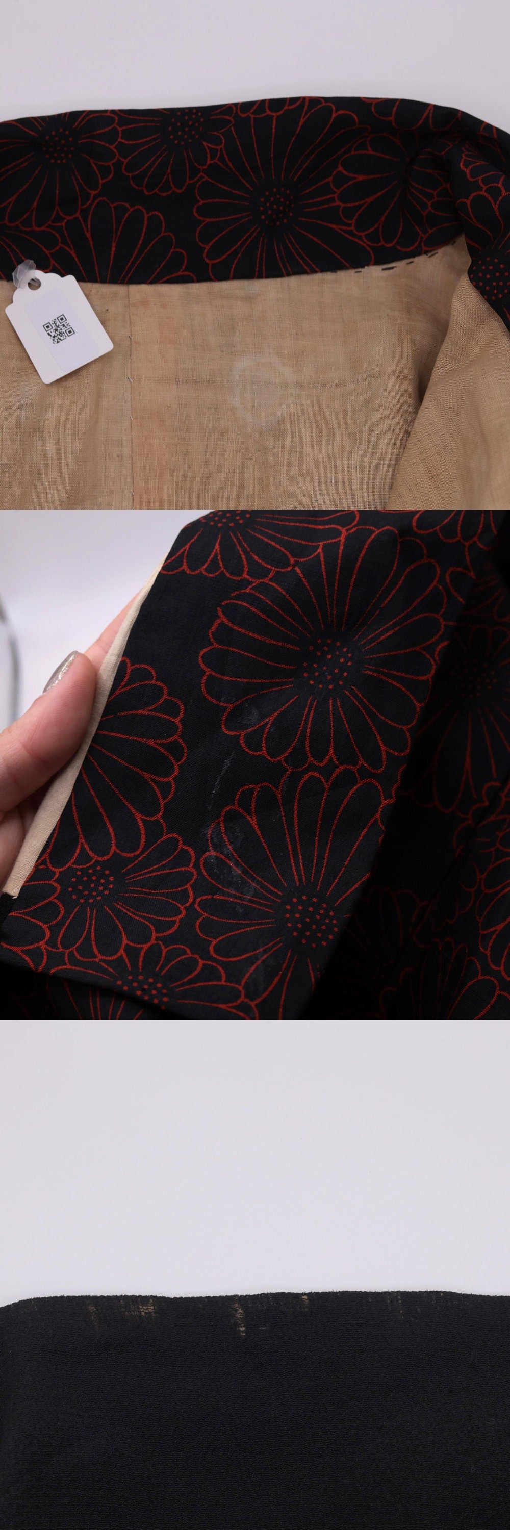 60s Black Kimono Robe Red Floral Print Full Length Maxi Large L