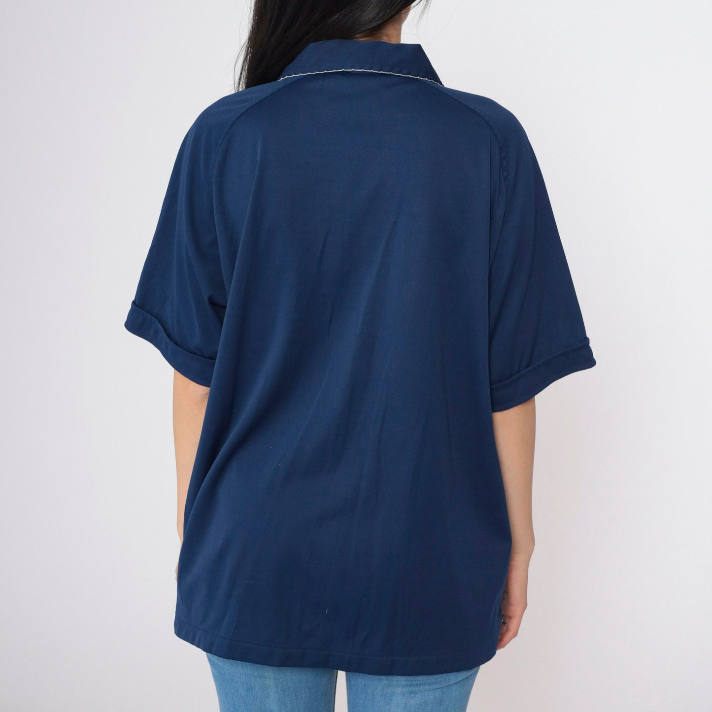 70s Navy Button Up Shirt White Scalloped Trim Short Sleeve Extra Large